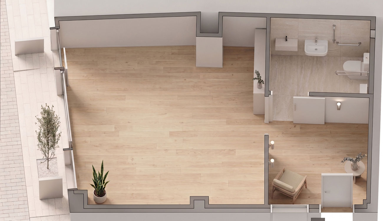Vista desde arriba de una habitación minimalista y sin amueblar, con suelo de madera, un cuarto de baño pequeño, una sola silla y dos plantas en maceta: la inspiración ideal para diseñar una sala de integración sensorial en Madrid. alquiler de sala terapias en Madrid